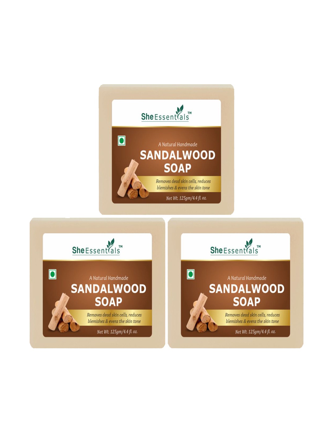 

She Essentials Set Of 3 Natural Sandalwood Bath Soap- 125g Each, Transparent