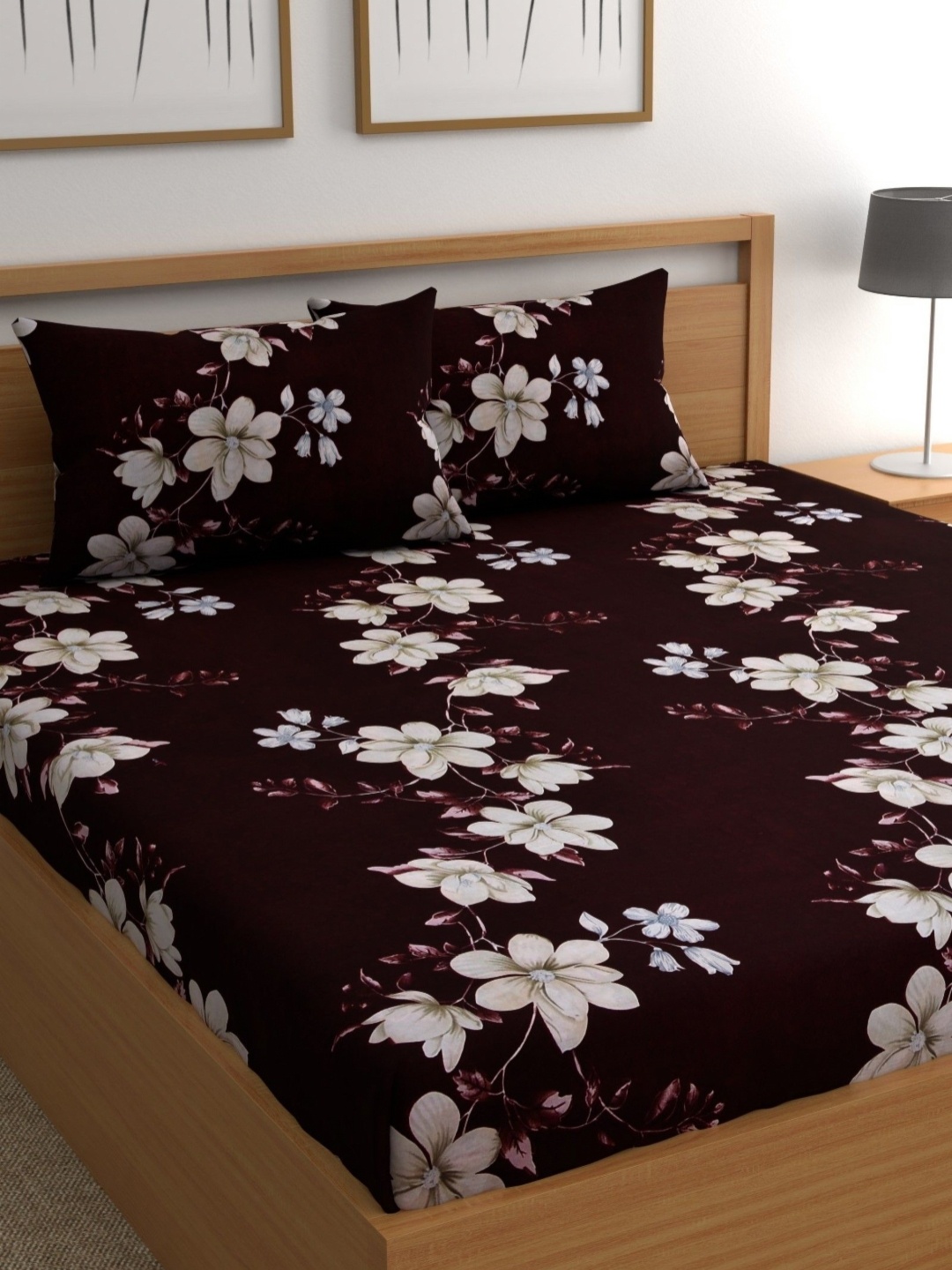 

CG HOMES Brown & White Floral Cotton 180 TC Queen Bedsheet with 2 Pillow Covers