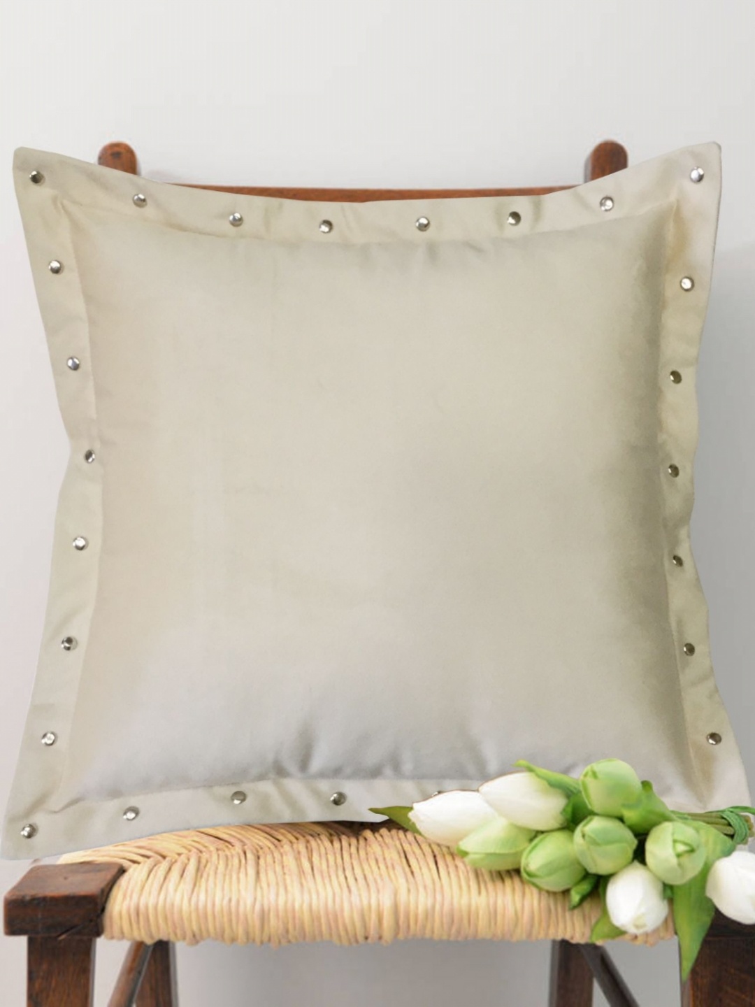 

Lushomes Beige Velvet Square Cushion Covers With Metal Buttons