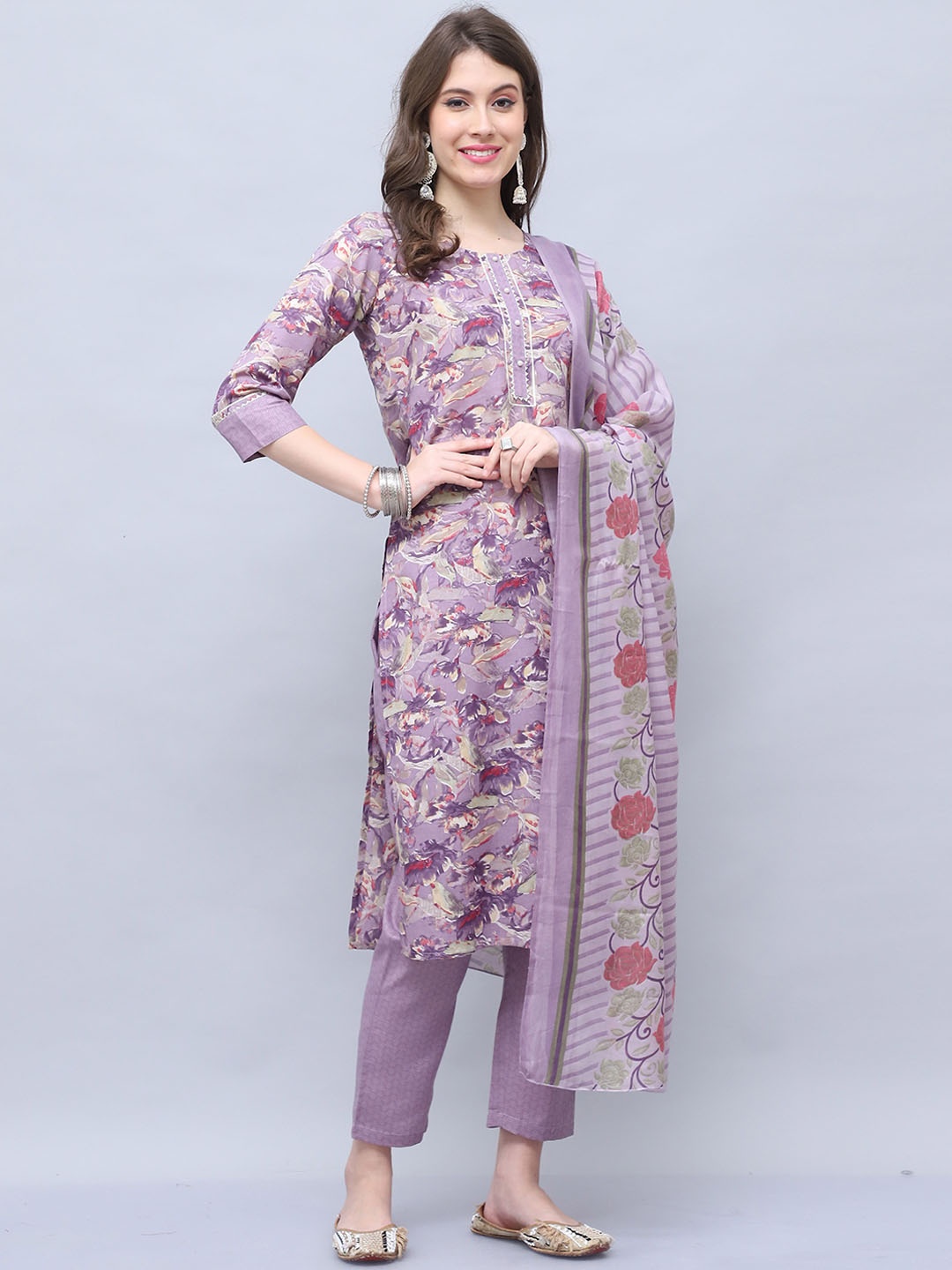 

Roly Poly Floral Printed Gotta Patti Straight Kurta with Trousers & Dupatta, Purple