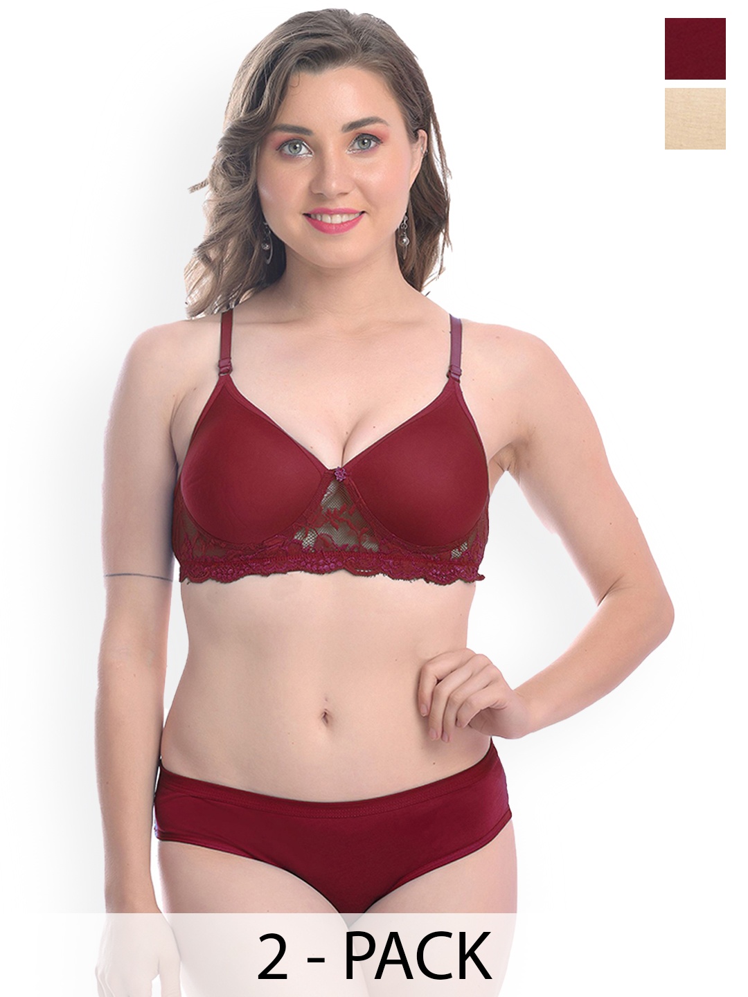 

AROUSY Pack Of 2 Laced Lightly-Padded Lingerie Set, Maroon