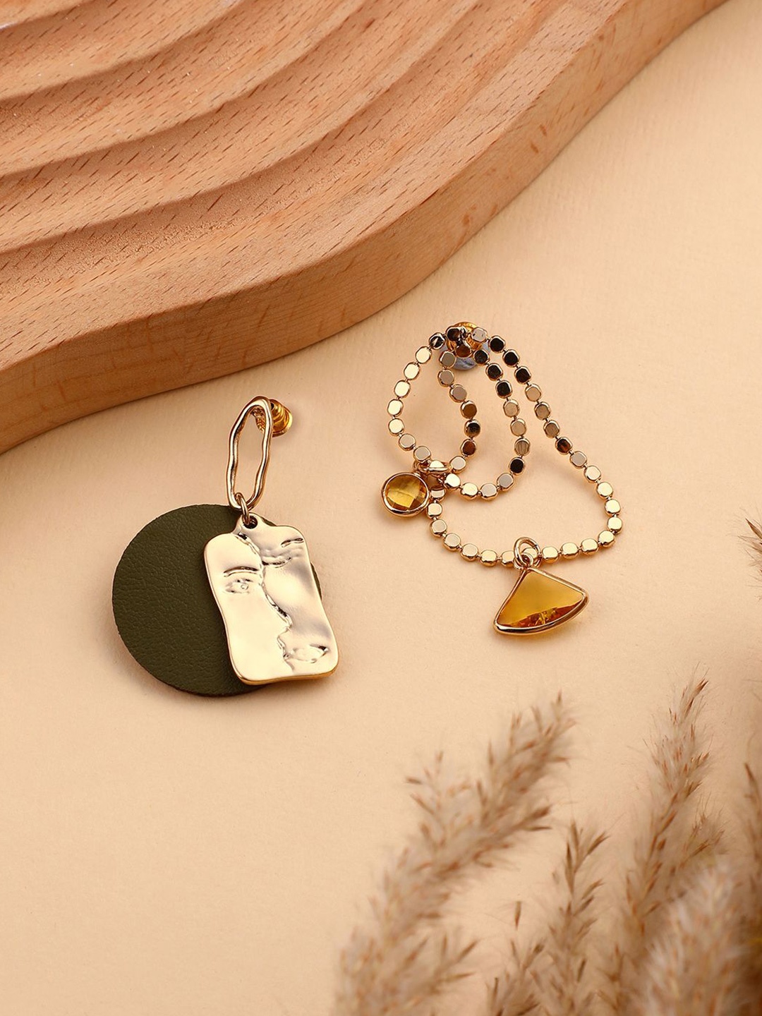 

SOHI Gold-Plated Stone Studded Mismatch The Masque Drop Earrings, Green
