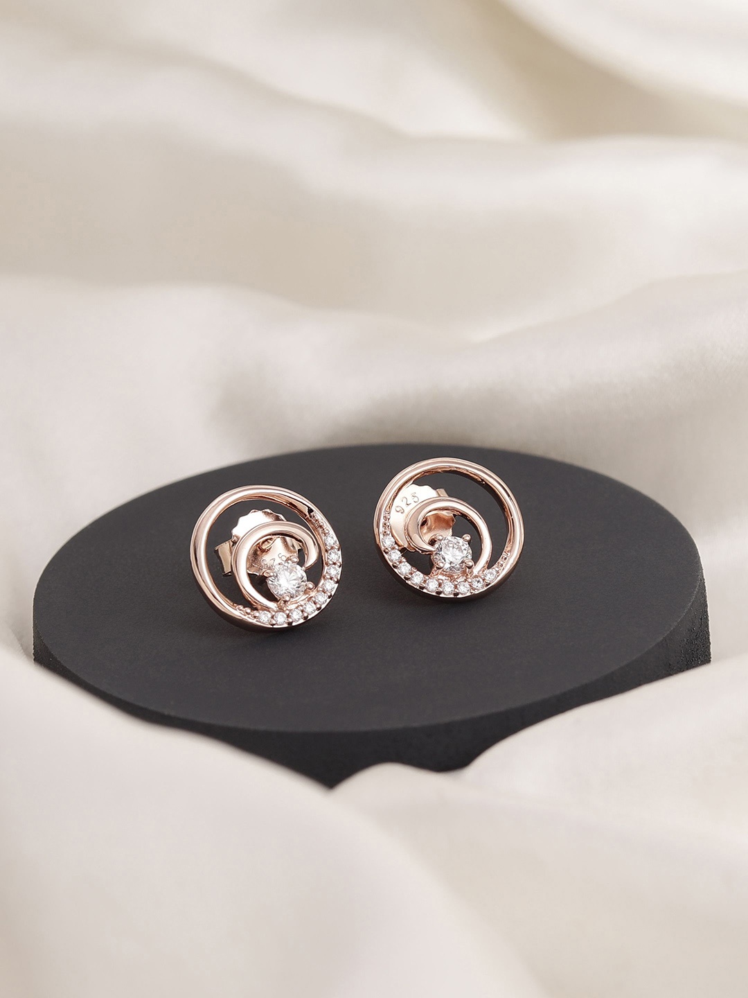 

DIAVO 925 Sterling Silver Rose Gold-Plated Artificial Stones Studded Circular Studs