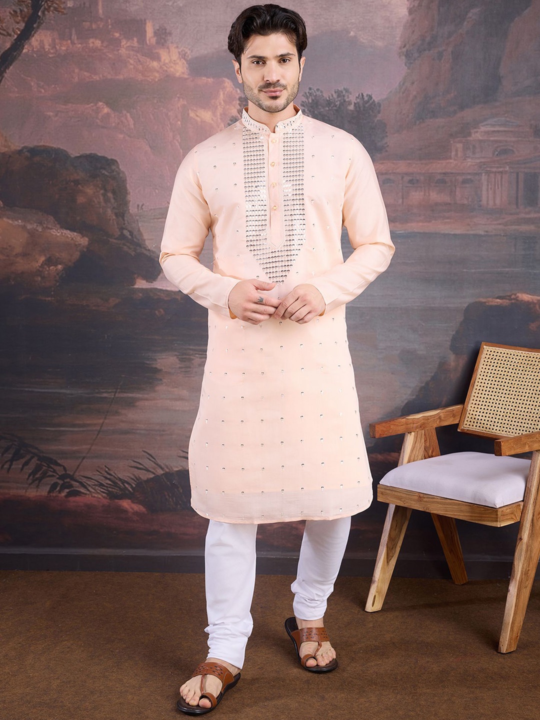 

House of Pataudi Embroidered Mandarin Collar Sequinned Straight Kurta, Peach