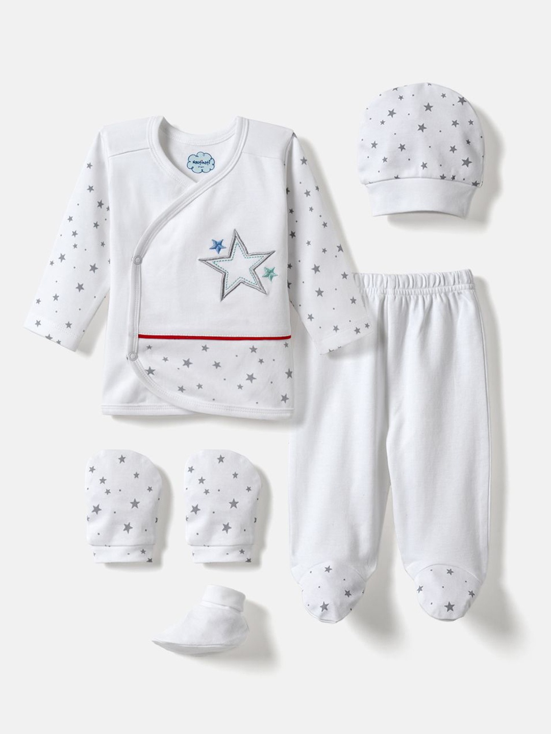 

Nauti Nati Infants Pack of 5 Printed Pure Cotton Baby Apparel Gift Set, White