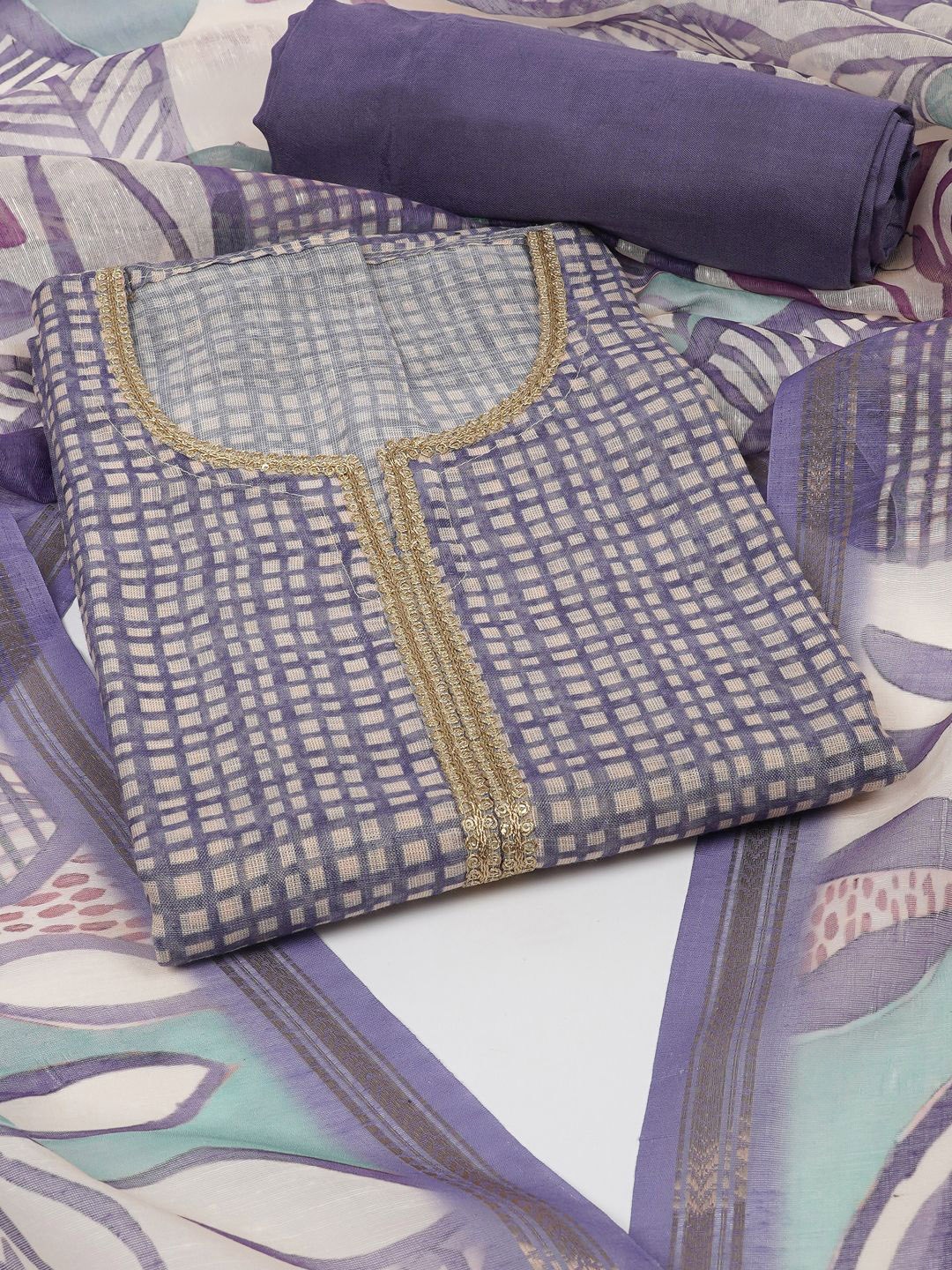 

KAMI KUBI Checked Unstitched Dress Material, Purple