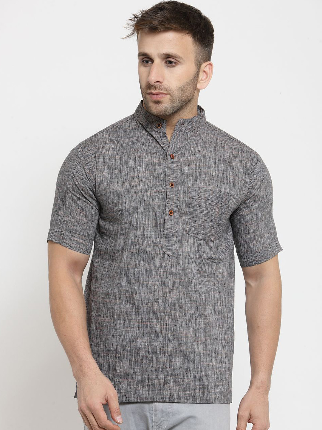 

Enchanted Drapes Woven Design Band Collar Neck Short Sleeves Regular Pure Cotton Kurta, Grey