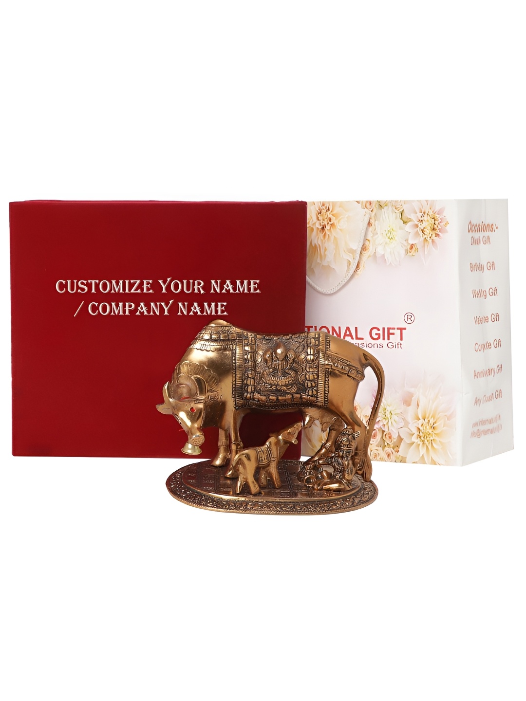 

INTERNATIONAL GIFT Copper-Toned Cow Idol with Velvet Box, Carry Bag & Customizable Tag