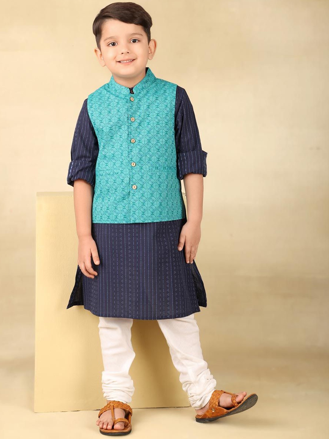 

Fabindia Boys Striped Band Collar Neck Long Sleeves Straight Kurta With Churidar & Jacket, Navy blue