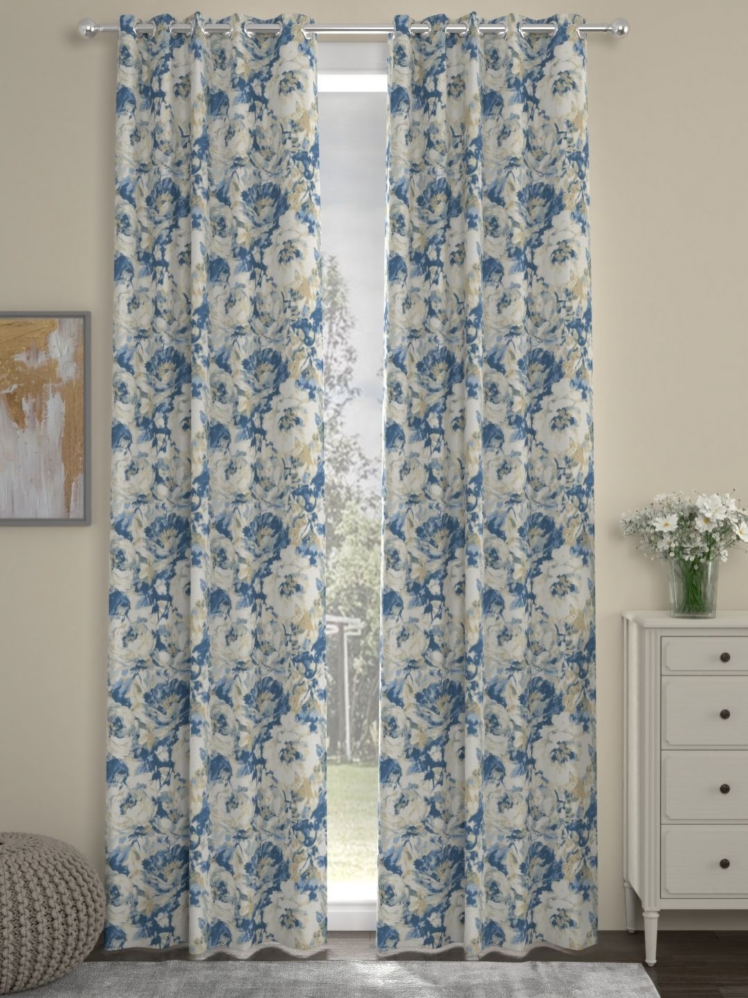 

ROSARA HOME Blue & White 2 Pieces Floral Printed Long Door Curtains