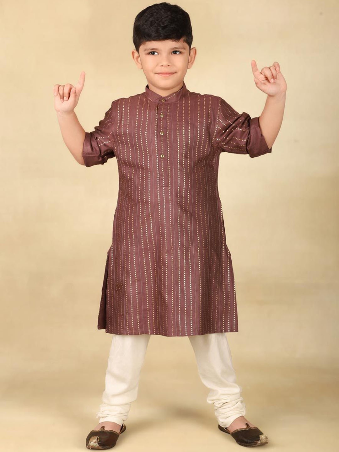 

Fabindia Boys Striped Band Collar Long Roll-Up Sleeves Kurta, Brown
