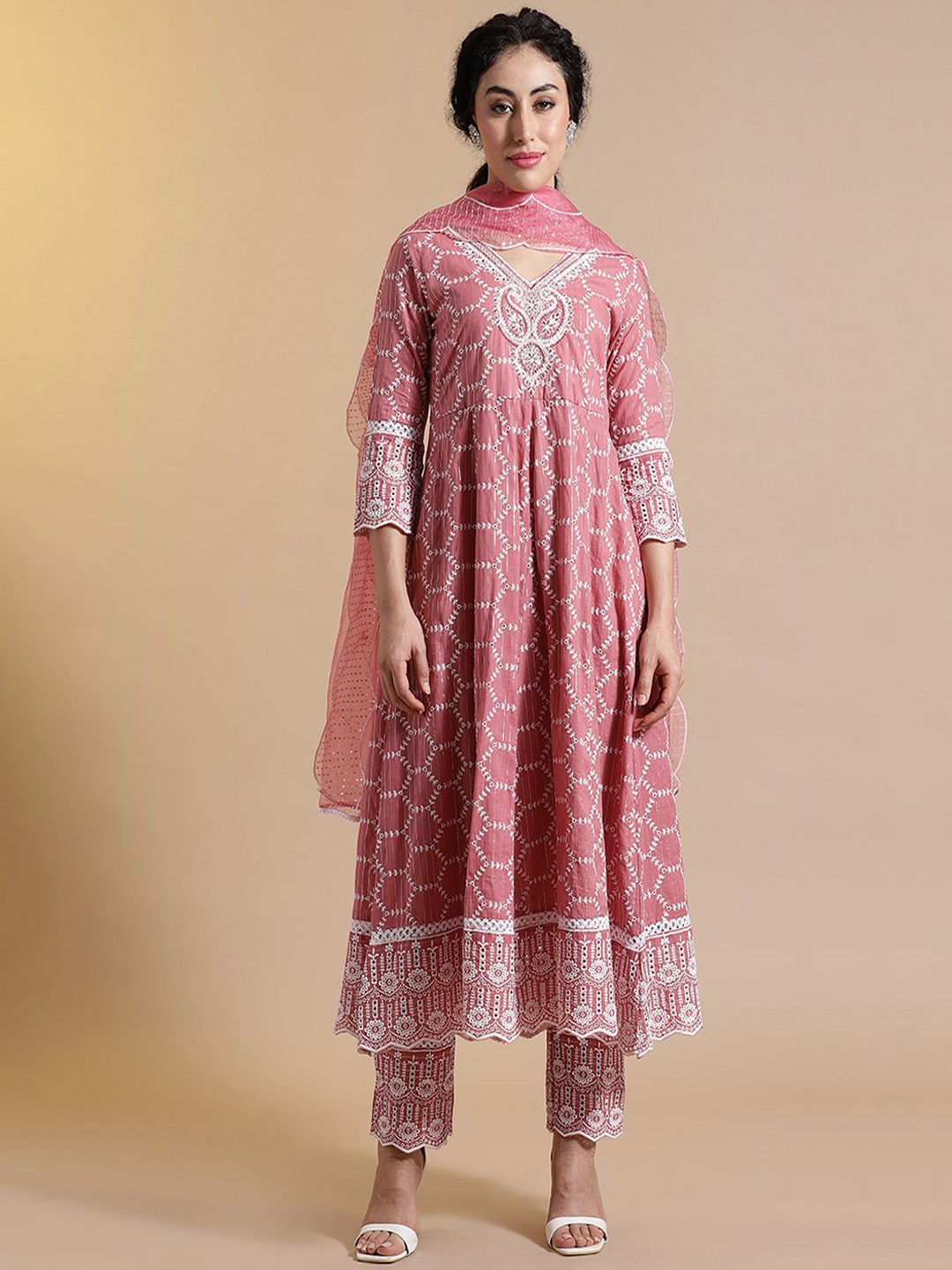 

STYLEBAAZI Women Embroidered Cotton Kurta with Palazzos & With Dupatta, Pink
