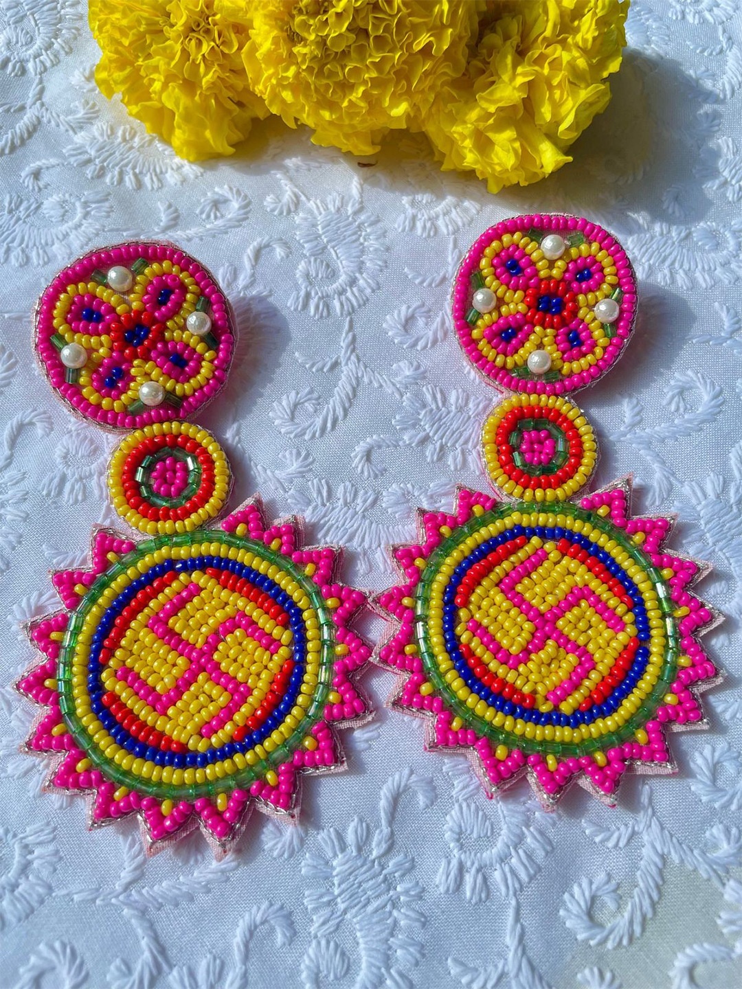 

ISHKAARA Beaded Swastik Drop Earrings, Pink