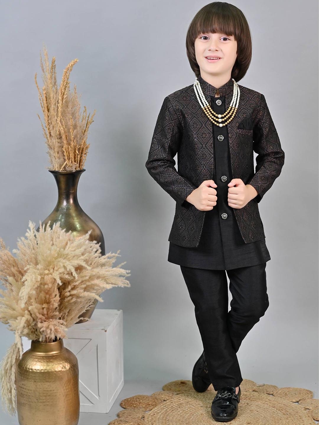 

ahhaaaa Self Design Sherwani Set With Moti Mala, Black