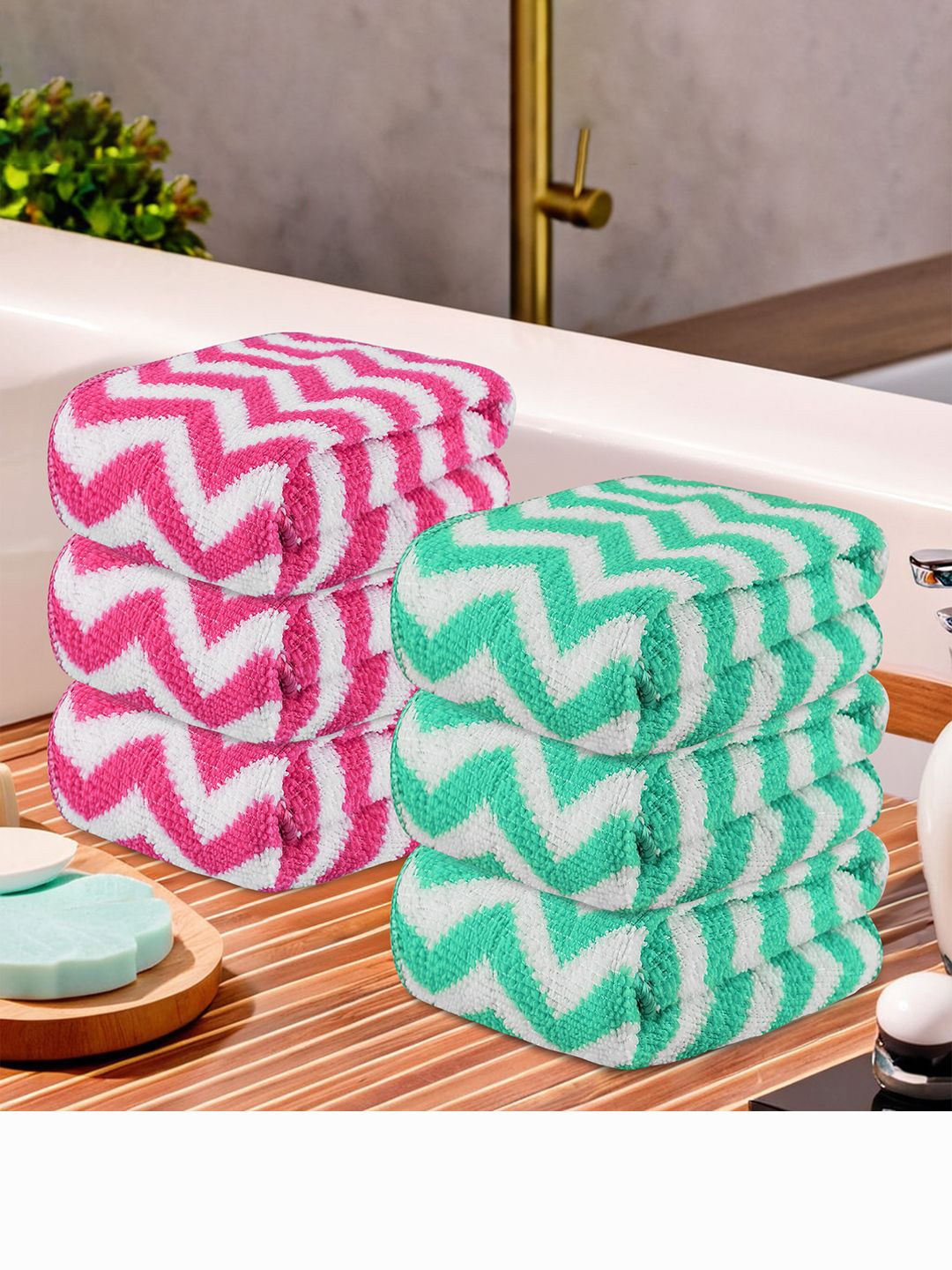 

Kuber Industries Pink 6 Pieces Printed Super Absorbent 250 GSM Microfibre Face Towels