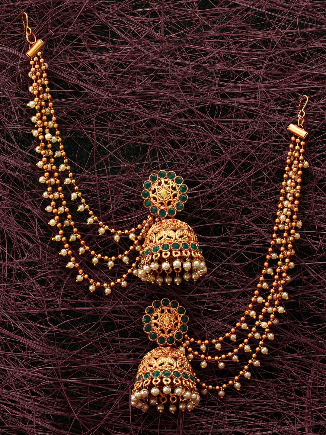

Mirraw Gold-Plated Stones Studded & Pearls Dome Shaped Jhumkas With Ear Chain