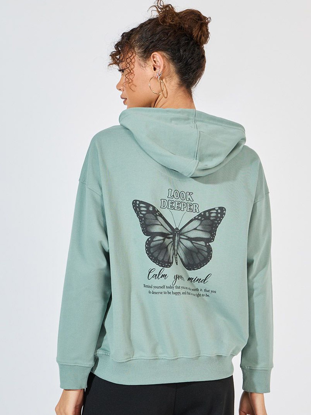 

Styli Women Oversized Fit Regular Length Graphic Hooded Sweatshirt, Sea green