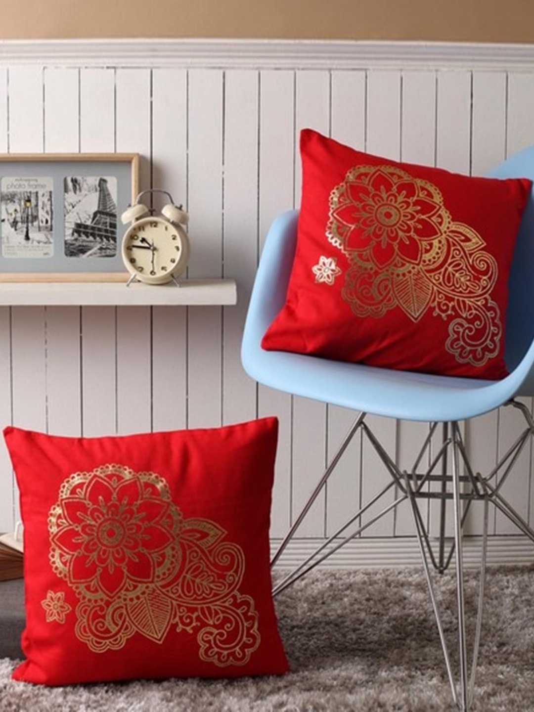 

Lushomes Red & Gold Toned 2 Pieces Ethnic Motifs Printed Cotton Square Cushion Covers