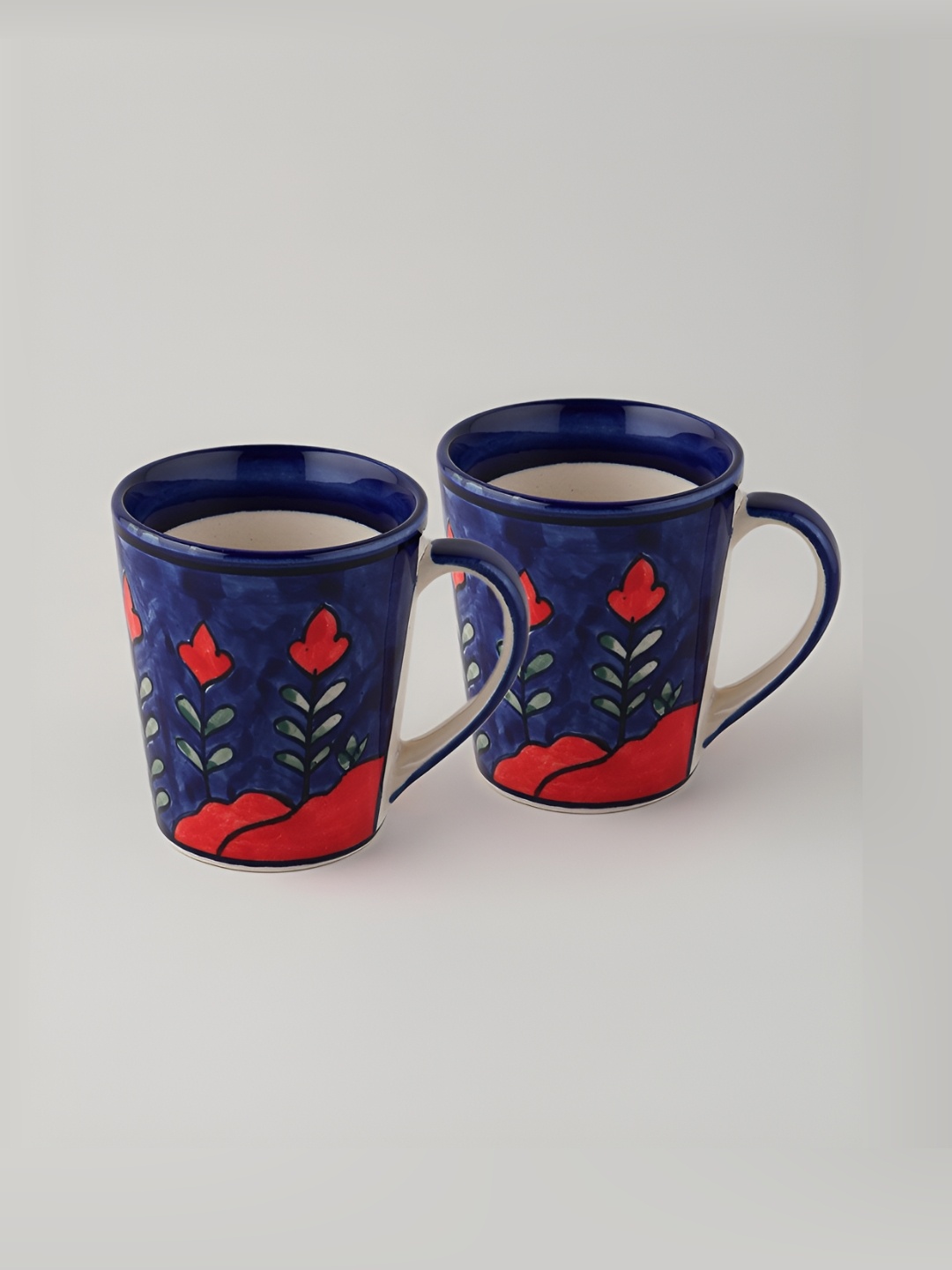 

Eyaas Blue & Red 2 Pieces Floral Mountain Hand Painted Ceramic Glossy Mugs