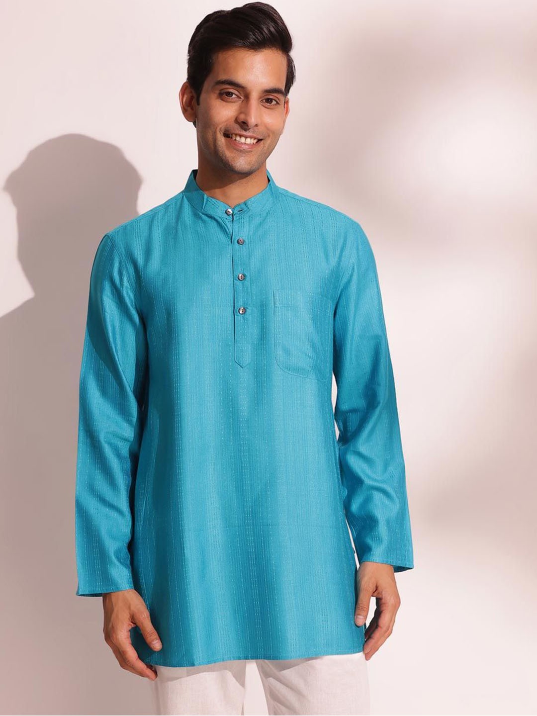 

Fabindia Striped Band Collar Long Thread Work Regular Straight Kurta, Blue