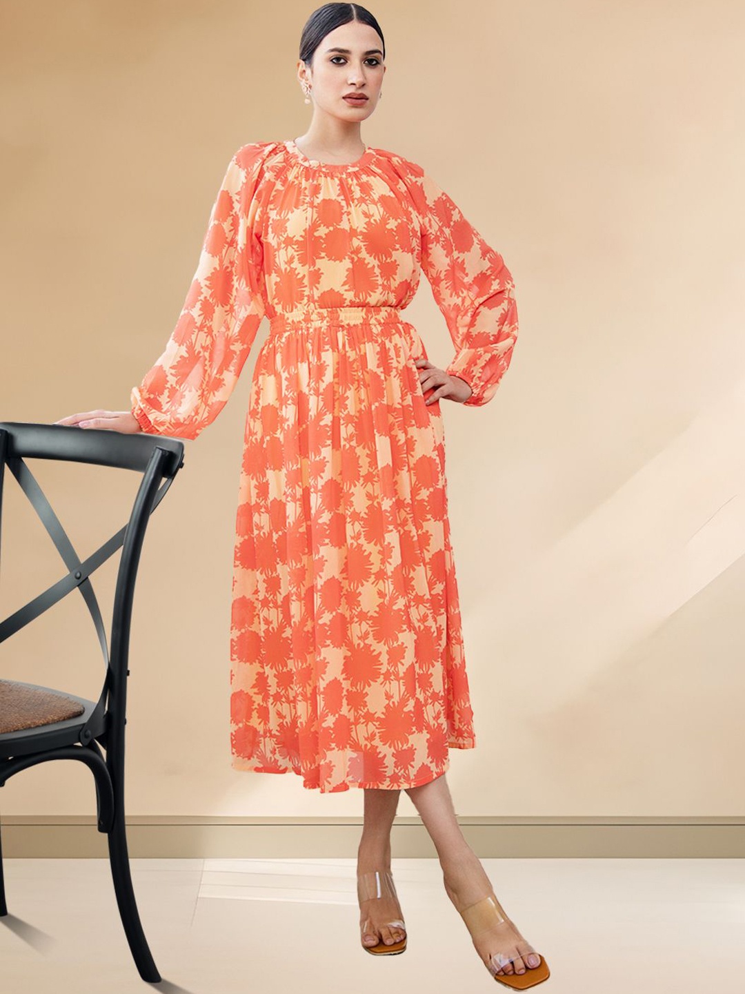 

CUSTARD Floral Printed Georgette Top With Skirt, Orange
