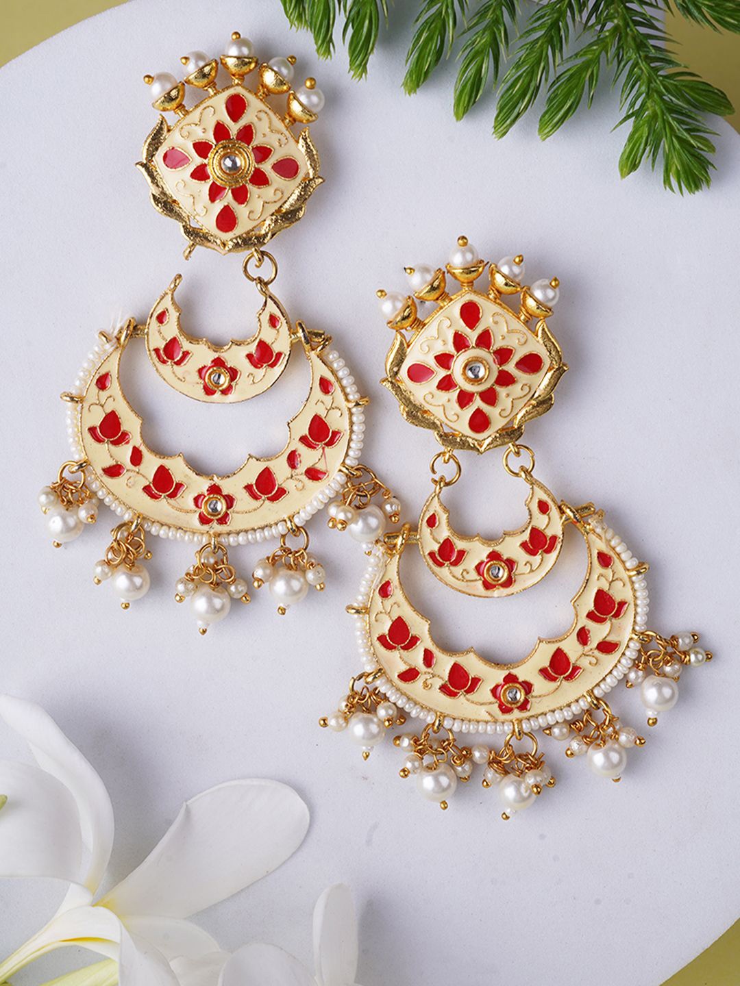 

Anouk Cream Gold-Plated Stone Studded Meenakari Classic Drop Earrings