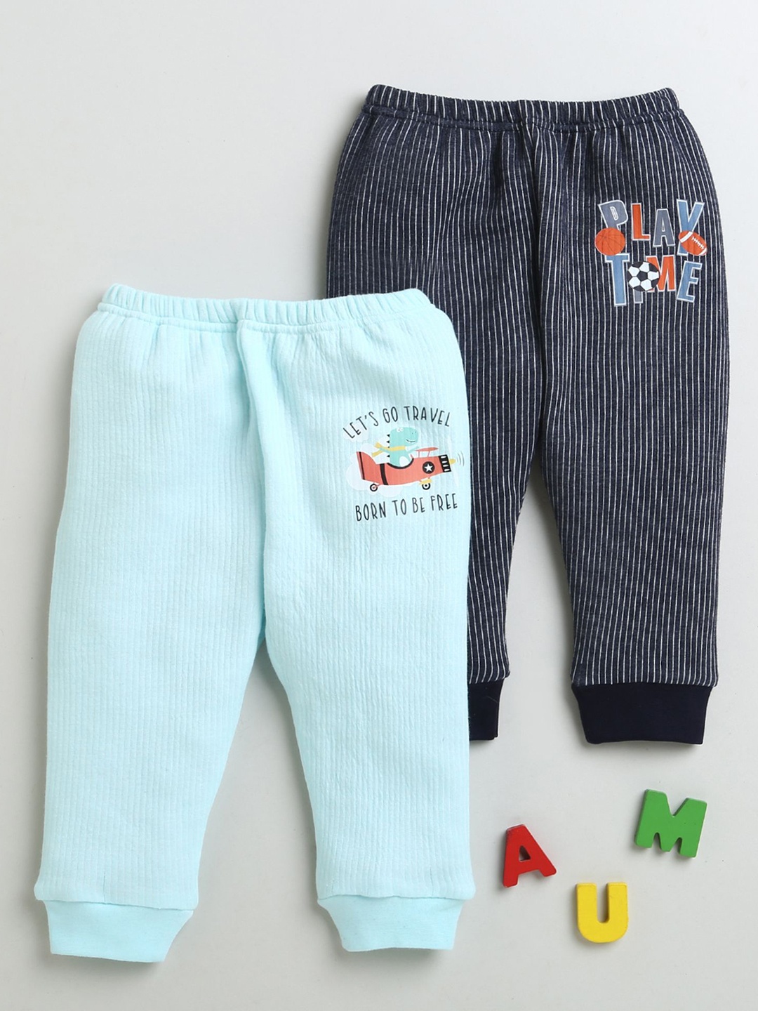 

BUMZEE Boys Pack Of 2 Striped Cotton Thermal Bottoms, Blue