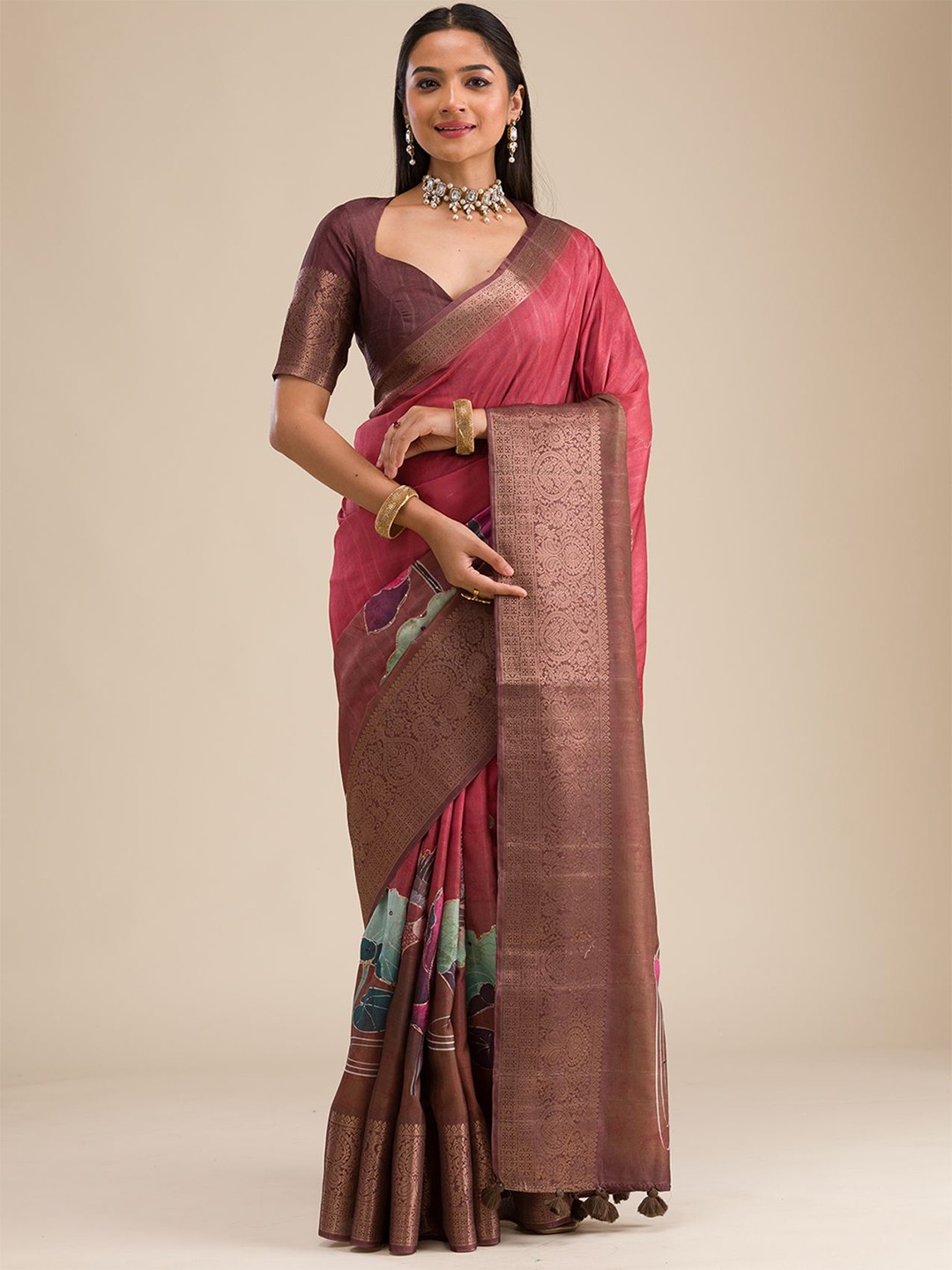 

Koskii Floral Printed Zari Saree, Rust