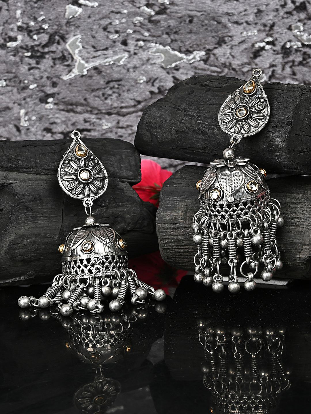 

CARDINAL Silver-Plated Oxidized Contemporary Jhumkas Earrings