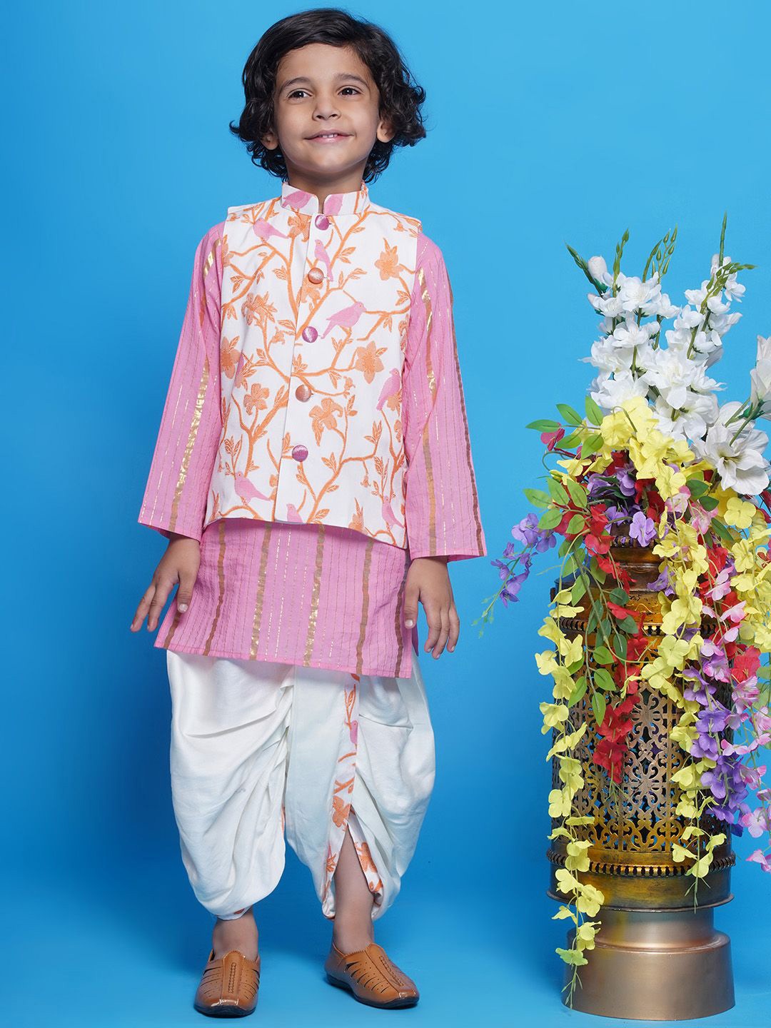 

Little Bansi Boys Floral Bird Embroidered Straight Pure Cotton Kurta with Dhoti Pants, Cream