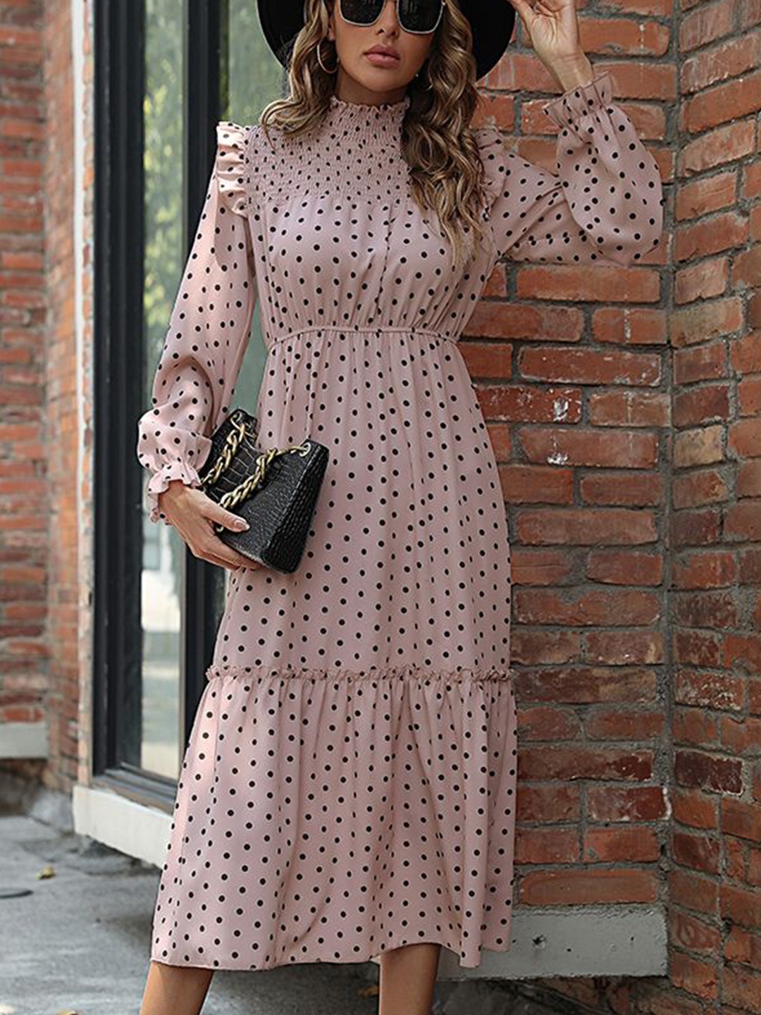 

HERE&NOW Women Polka Dots Printed Puff Sleeves A-Line Dress, Pink