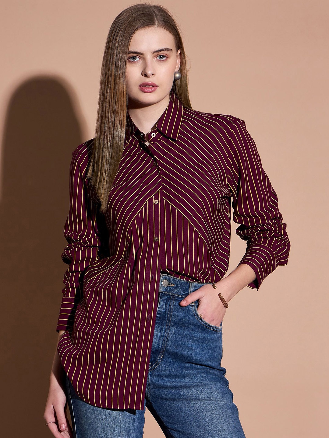 

DressBerry Women Comfort Spread Collar Vertical Striped Cotton Casual Shirt, Maroon