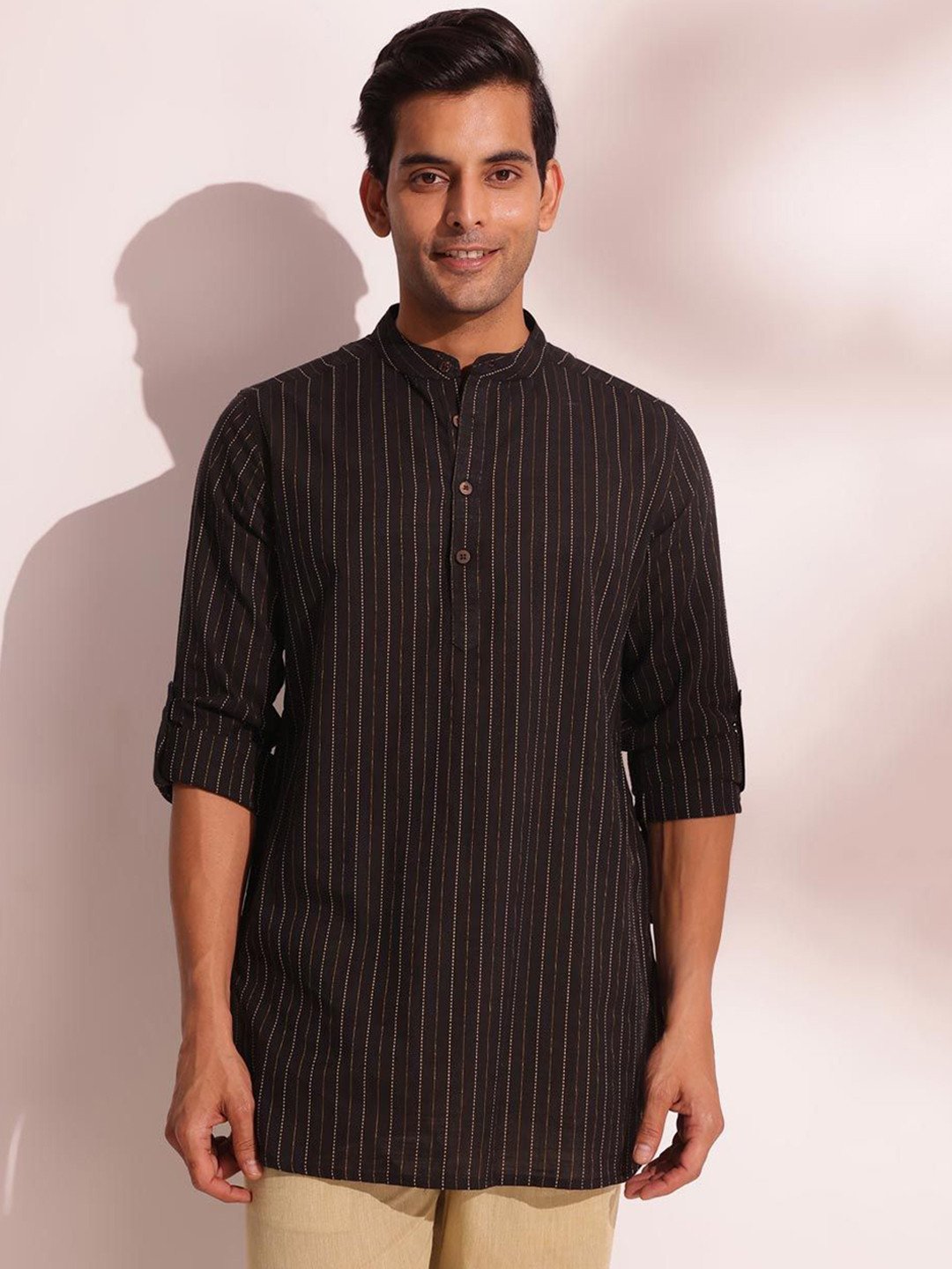 

Fabindia Striped Band Collar Neck Long Roll-Up Sleeves Regular Straight Kurta, Black