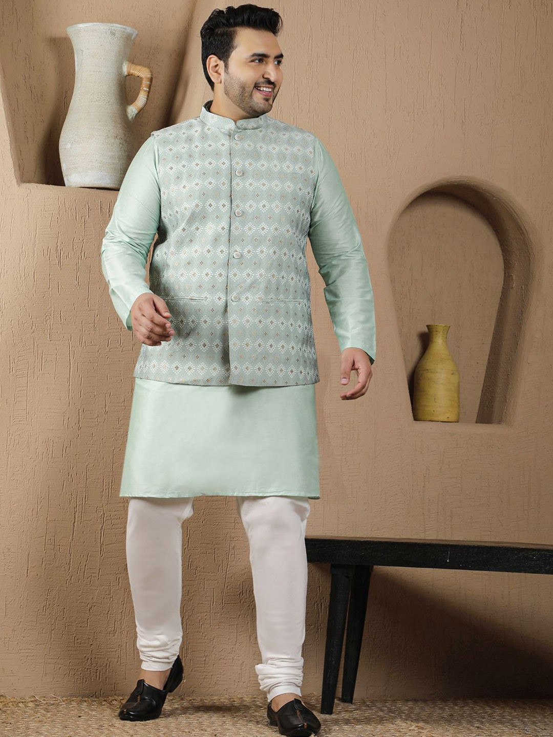 

Sztori Woven Design Mandarin Collar Straight Kurta & Churidar With Nehru Jacket, Blue