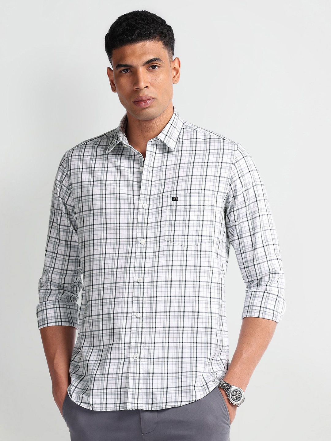 

Arrow Sport Men Slim Fit Tartan Checks Opaque Checked Casual Shirt, Grey