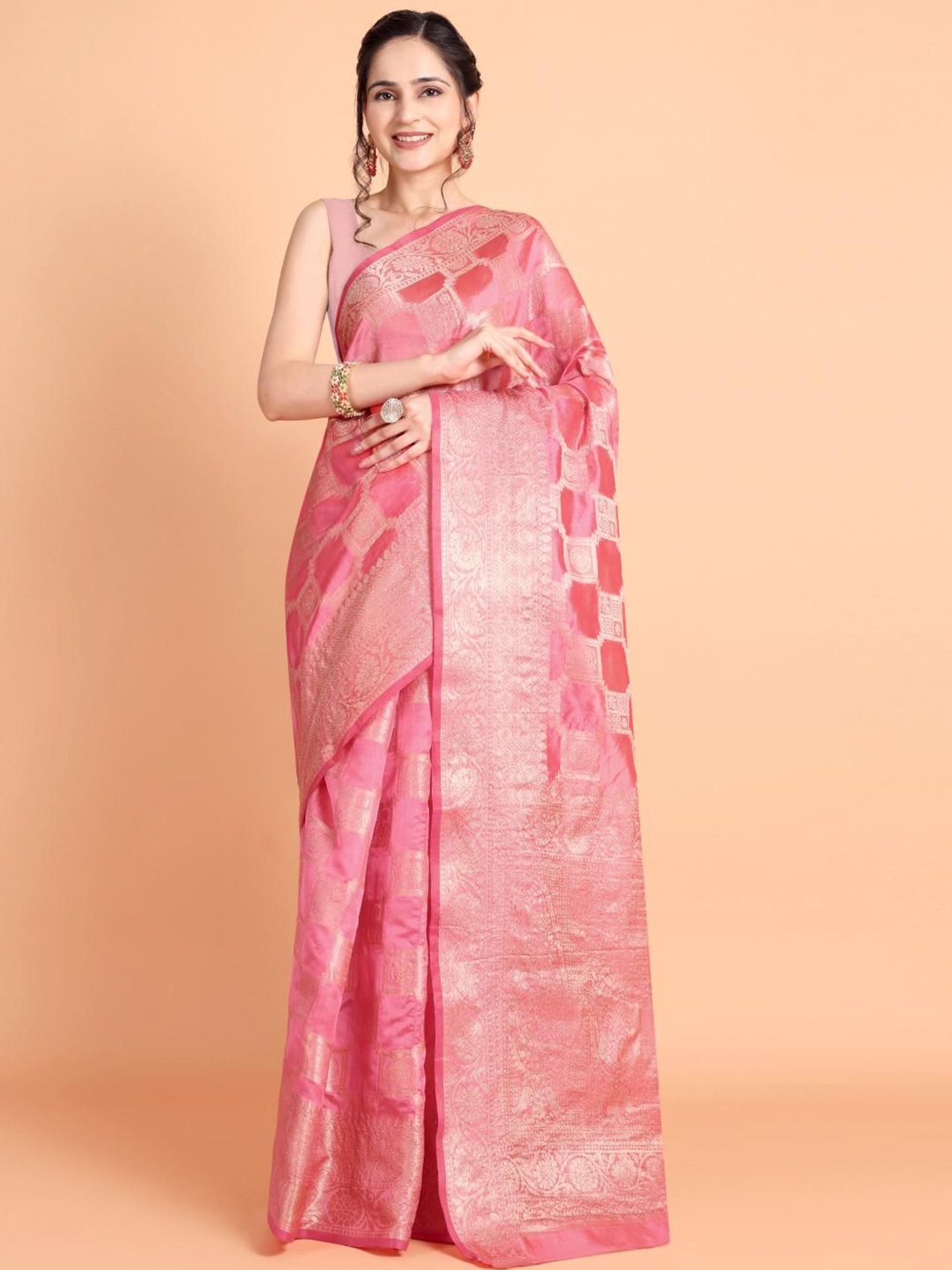 

Areca Designer Ethnic Motifs Zari Organza Banarasi Saree, Pink