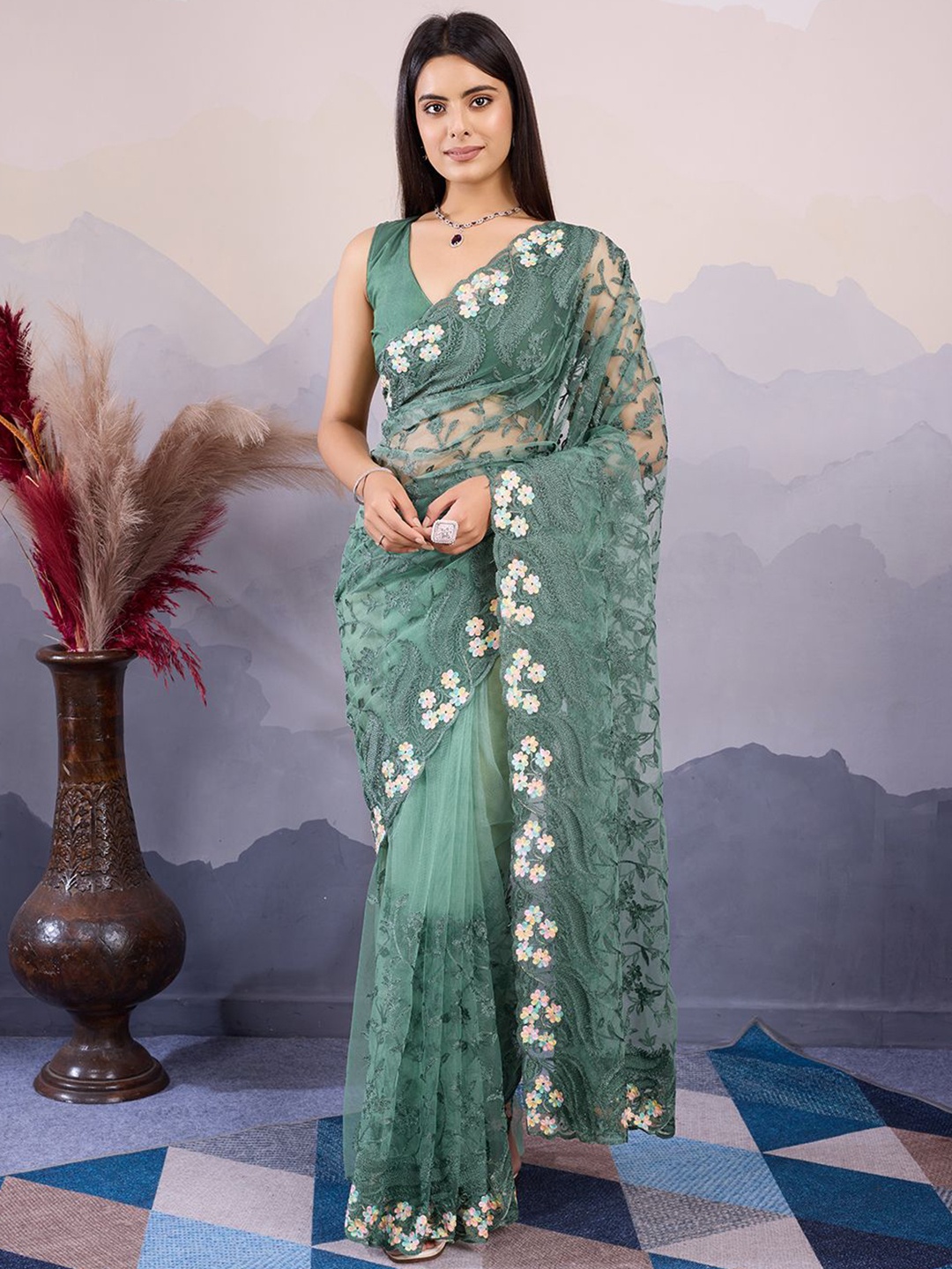 

VAIRAGEE Floral Embroidered Net Saree, Olive