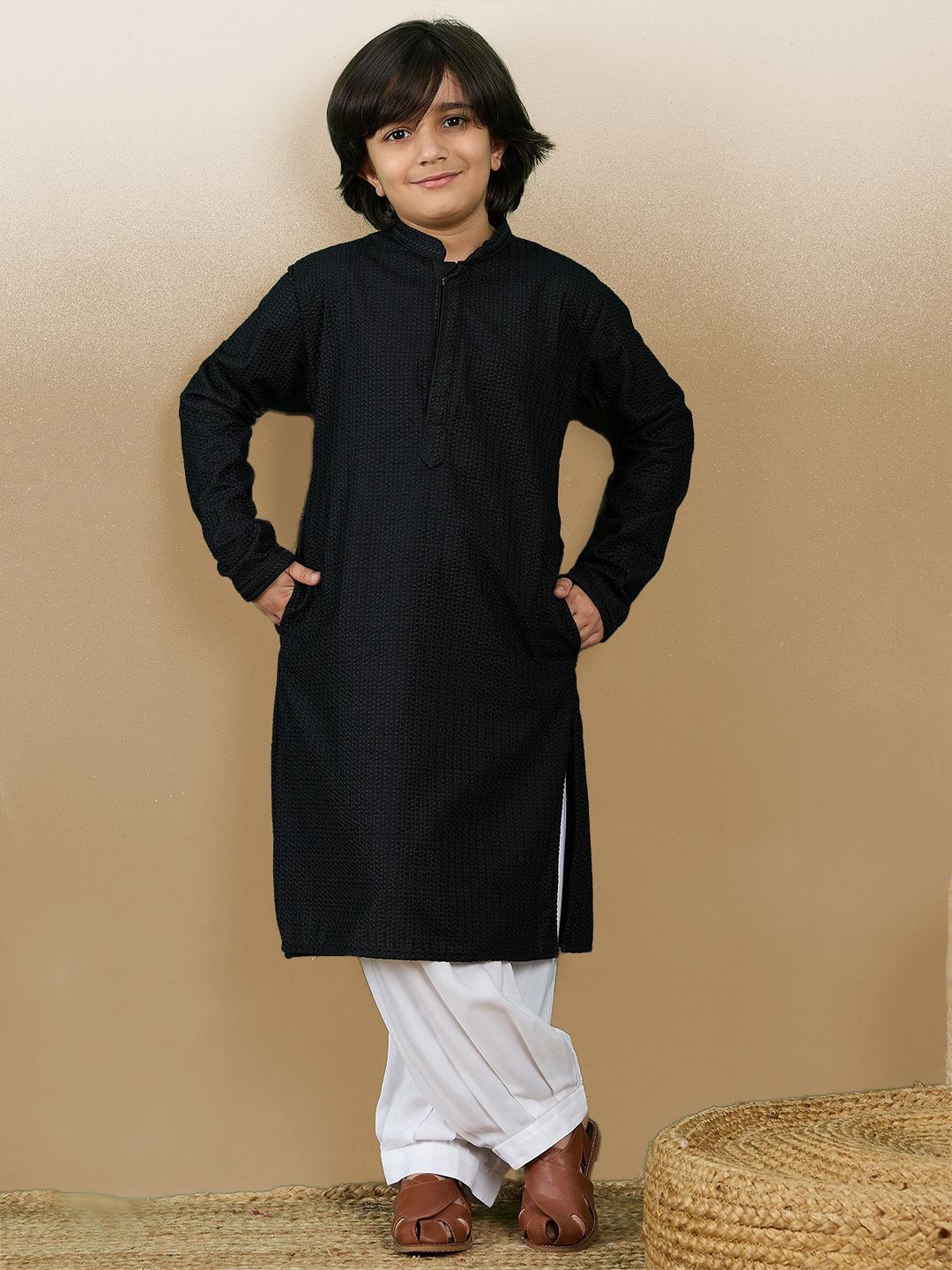 

Here&Now X Sanwara Boys Dapper & Dazzling Embroidered Chikankari Cotton Kurta with Patiala, Black