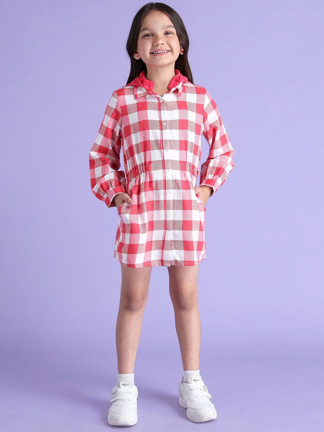 

U.S. Polo Assn. Kids Girls Hooded Checked Bishop Sleeve Shirt Dress, Pink