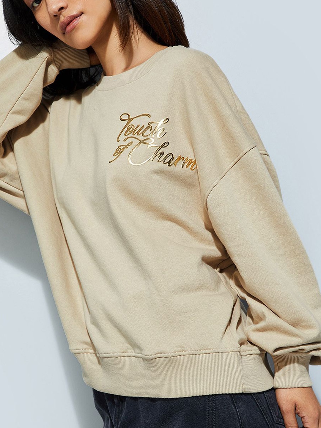 

max URB_N Women Oversized Back Printed Sweatshirt, Beige