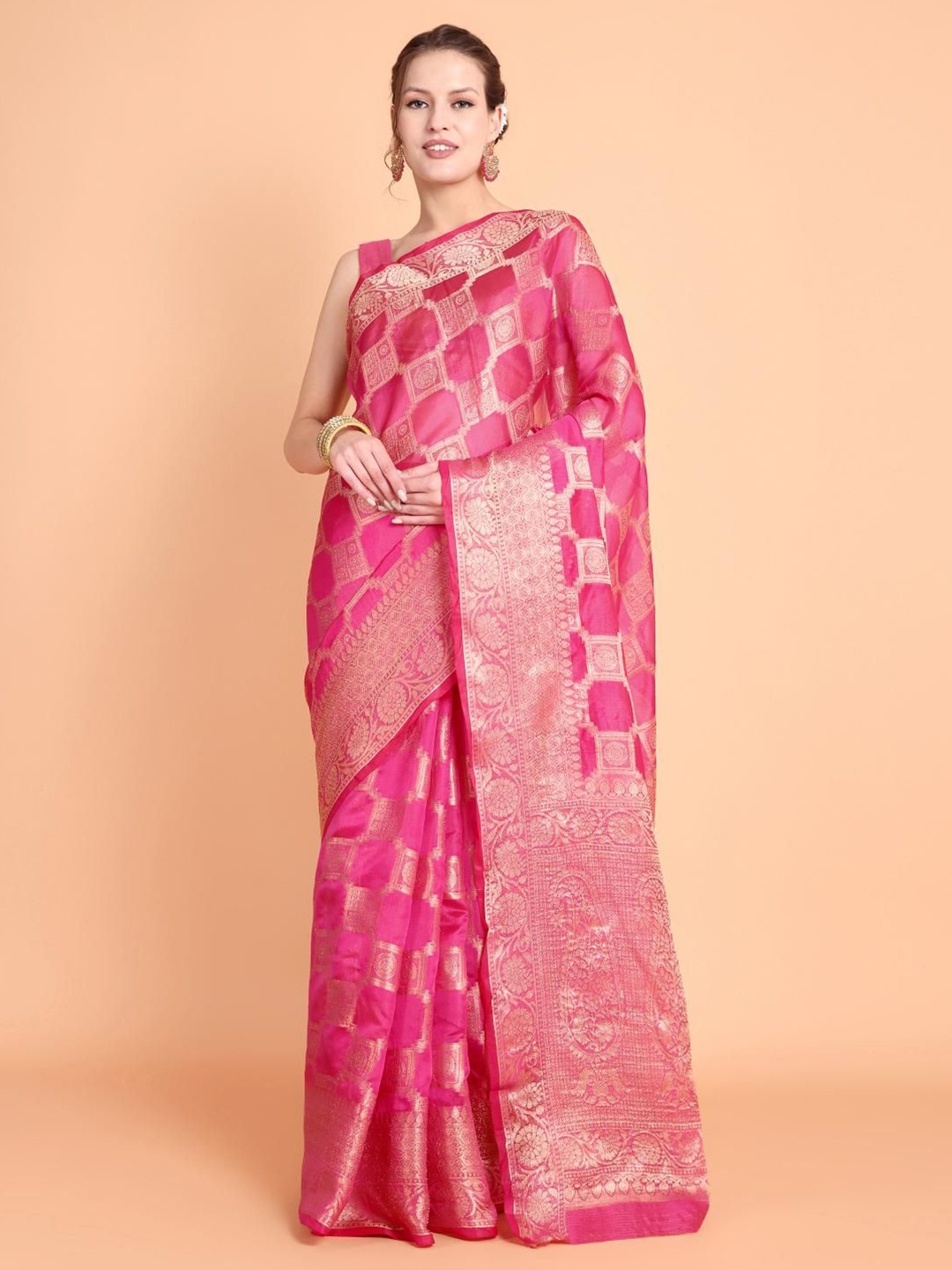 

Areca Designer Ethnic Motifs Zari Organza Banarasi Saree, Pink