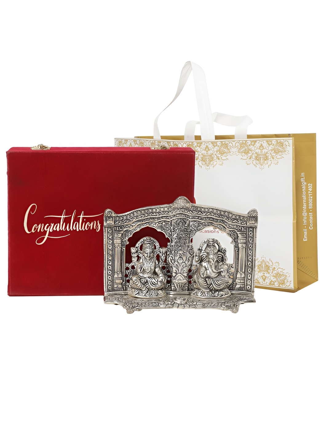 

INTERNATIONAL GIFT Silver-Toned Lakshmi Ganesh Idol With Congratulations Tag & Velvet Box