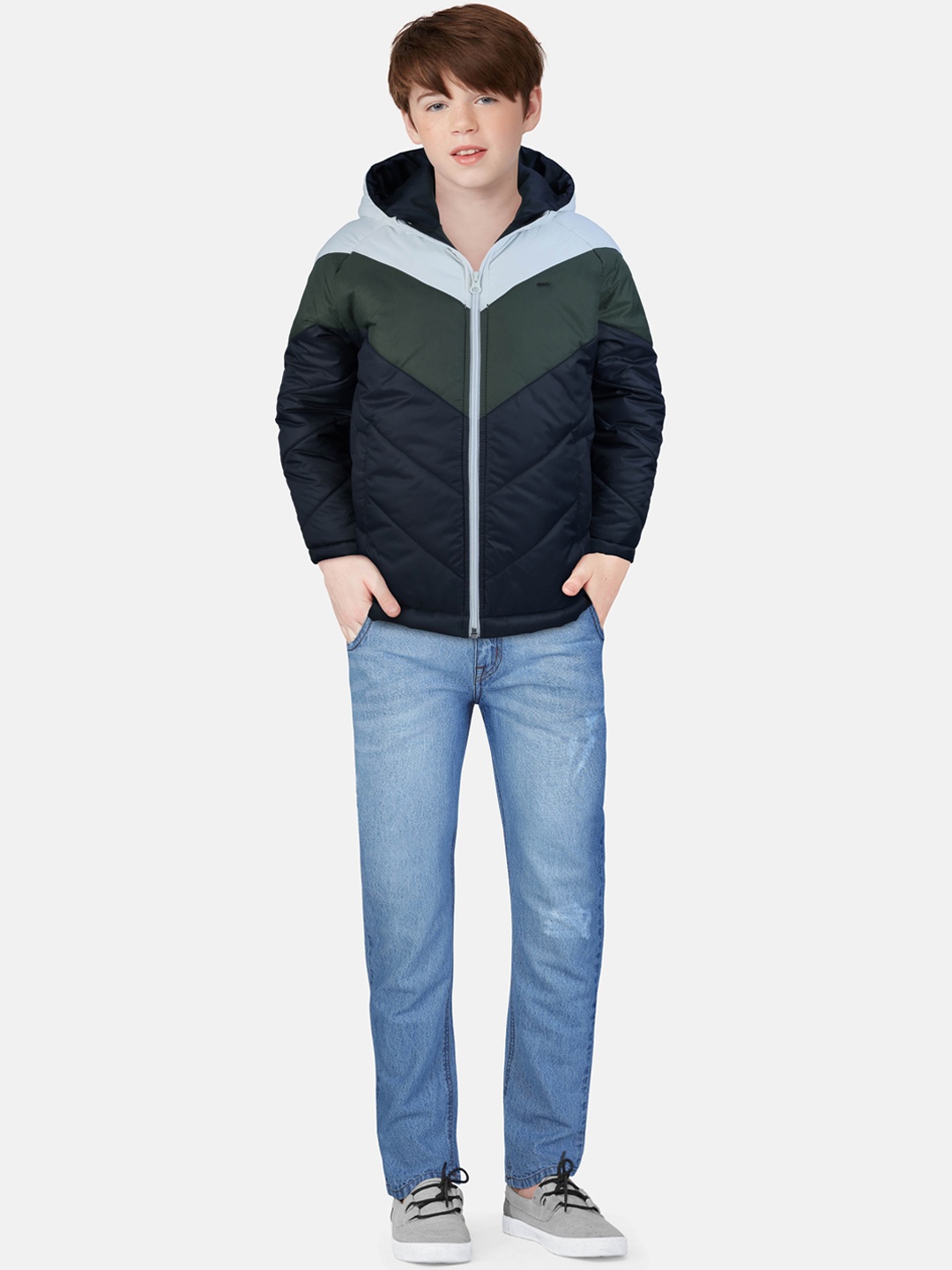 

Gini and Jony Boys Hooded Cotton Colourblocked Bomber Jacket, Navy blue