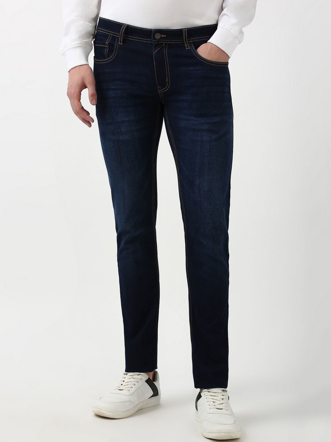 

Peter England Casuals Men Skinny Fit Heavy Fade Jeans, Navy blue