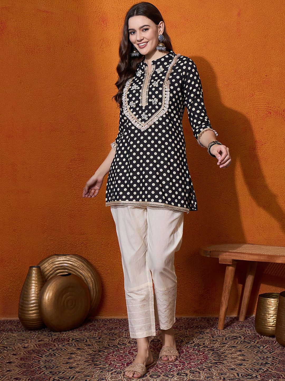 

Anouk Polka Dots Printed Pure Cotton Tunic & Trouser, Black