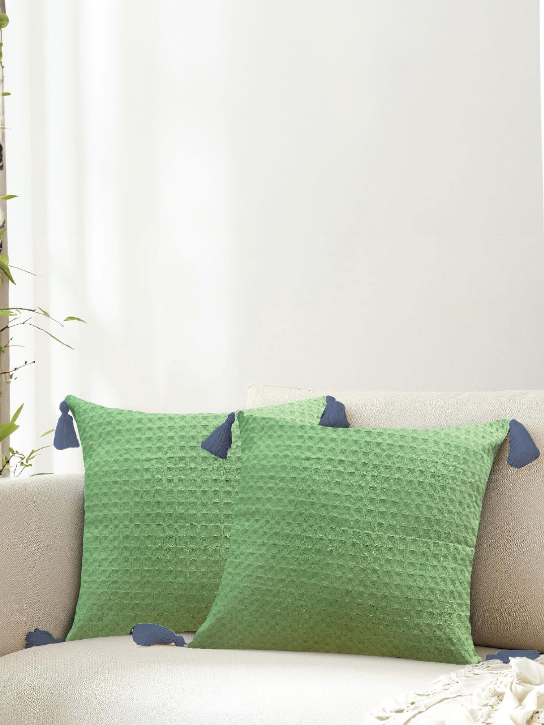 

URBAN SPACE Green & Blue 2 Pieces Checked Square Cushion Covers