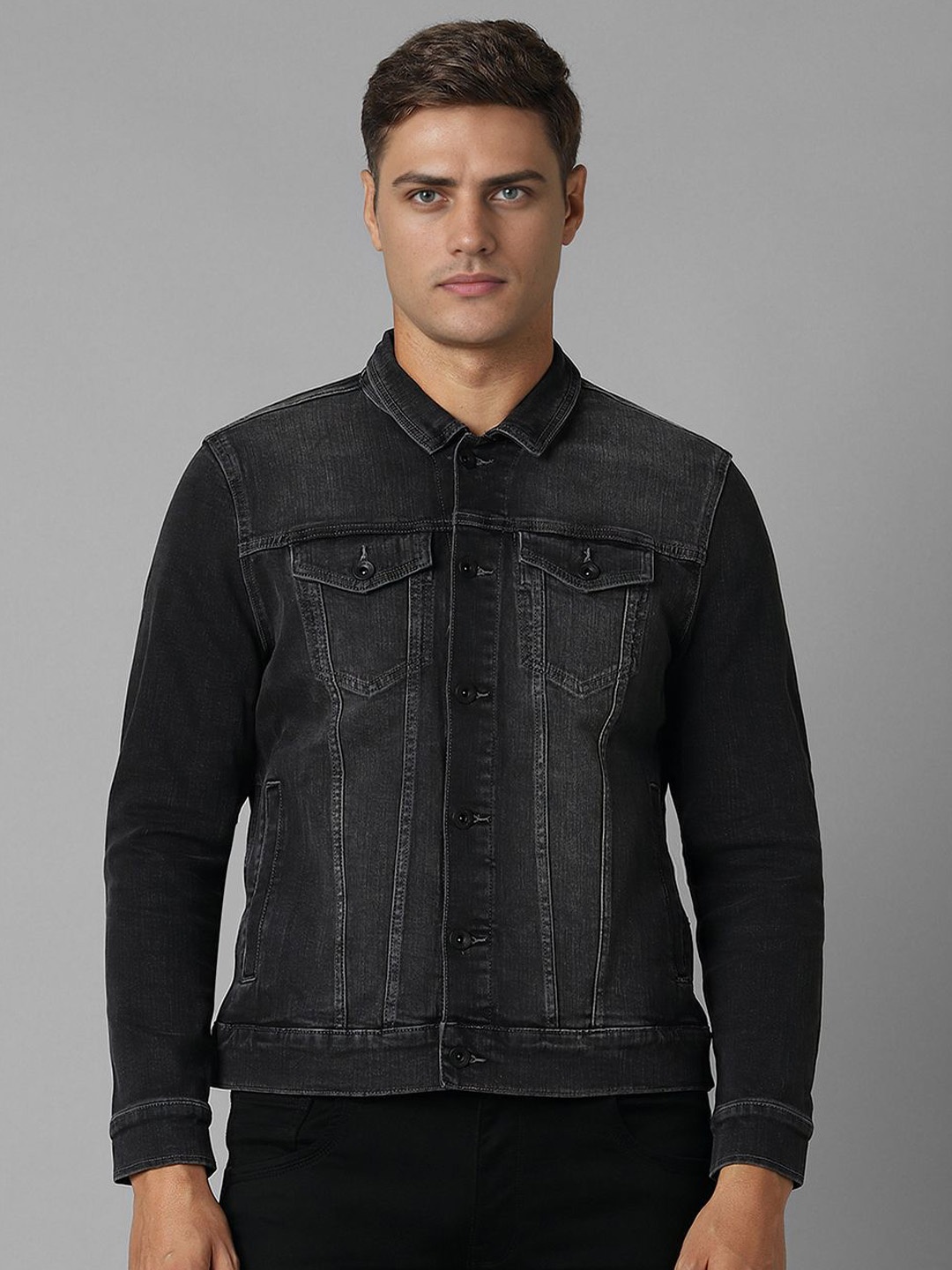 

Louis Philippe Jeans Men Spread Collar Cotton Denim Jacket, Black