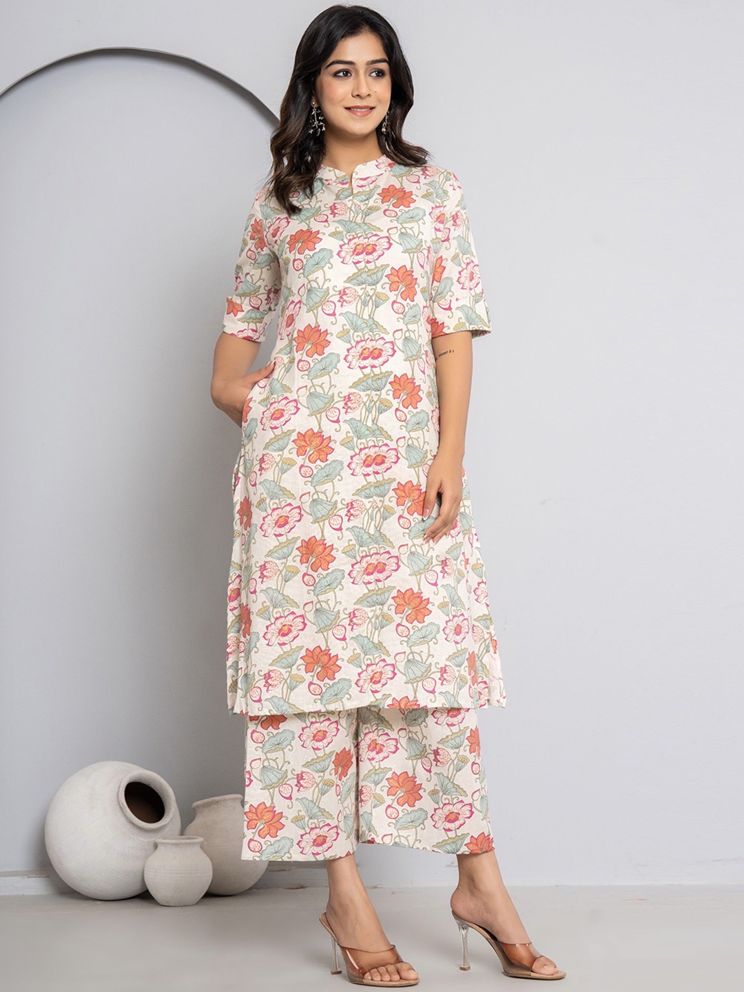 

JAIPURI BUNAAI Floral Printed Mandarin Collar Pure Cotton A-Line Kurta & Palazzo, White