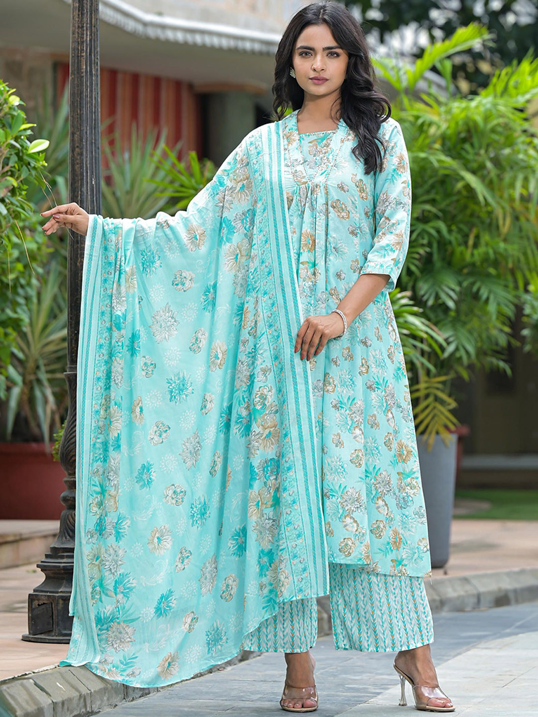

Juniper Women Floral Printed Regular Sequinned Kurta with Palazzos & With Dupatta, Sea green