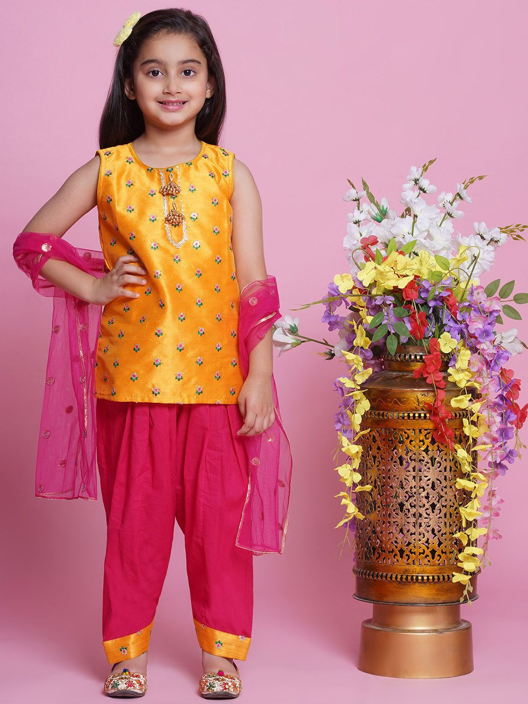 

Little Bansi Girls Embroidered Straight Sequinned Pure Silk Kurti with Salwar & Dupatta, Yellow